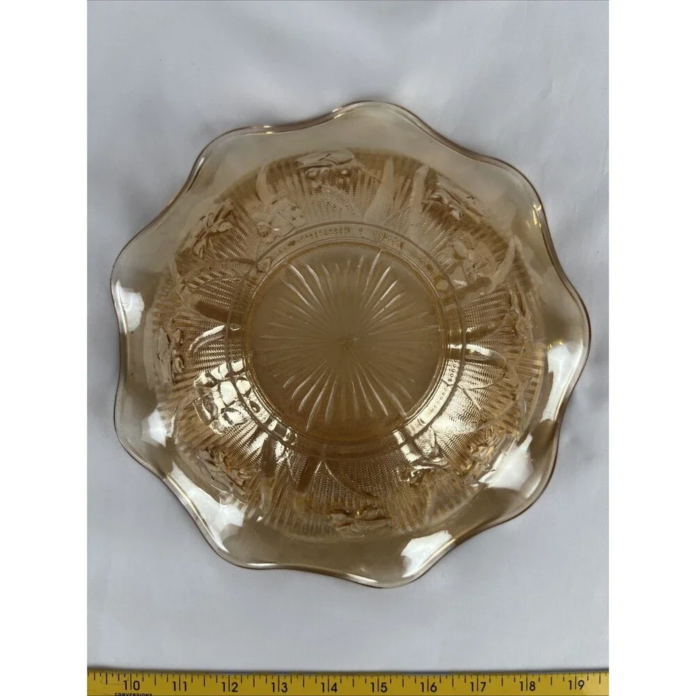 Vintage Amber Carnival Glass Ruffled Dish Bowl Floral Pattern Scalloped Edge